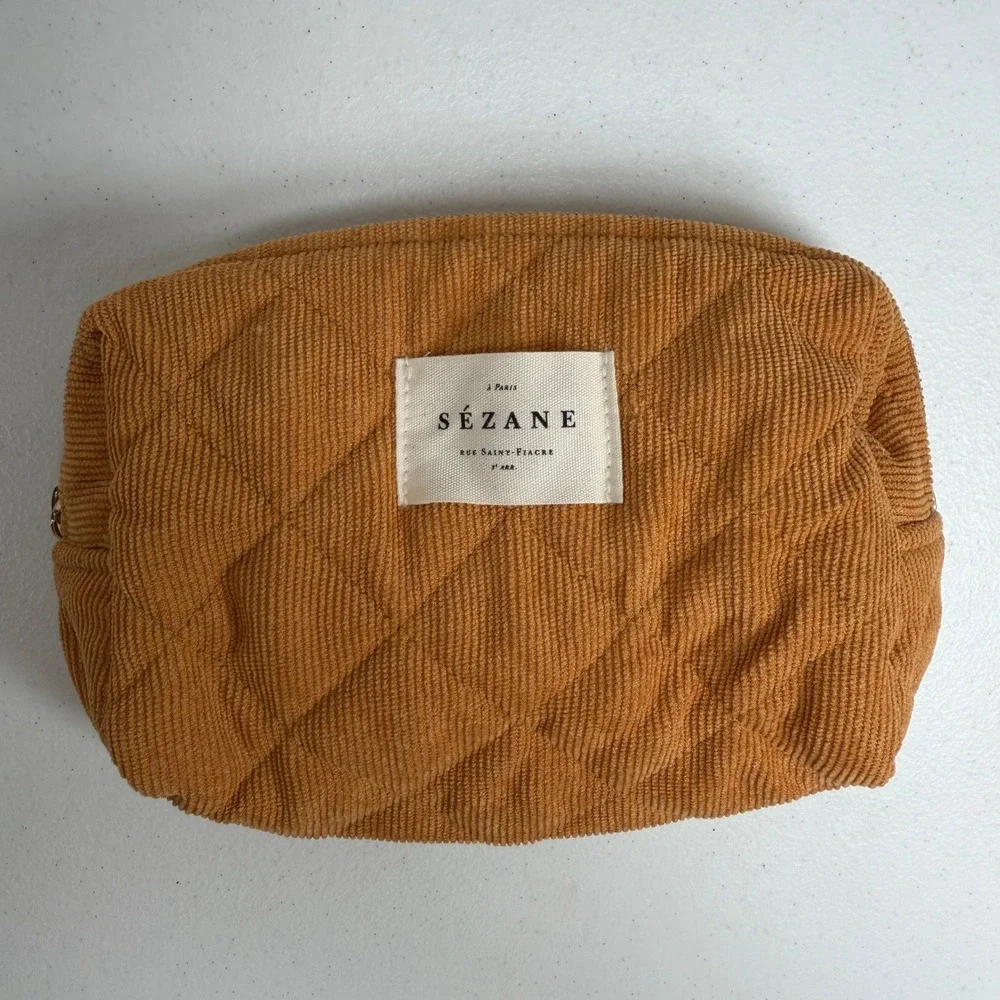Sezane OS Pouch Quilted Corduroy Toiletry Bag Camel Brown Patchwork Lining Boho